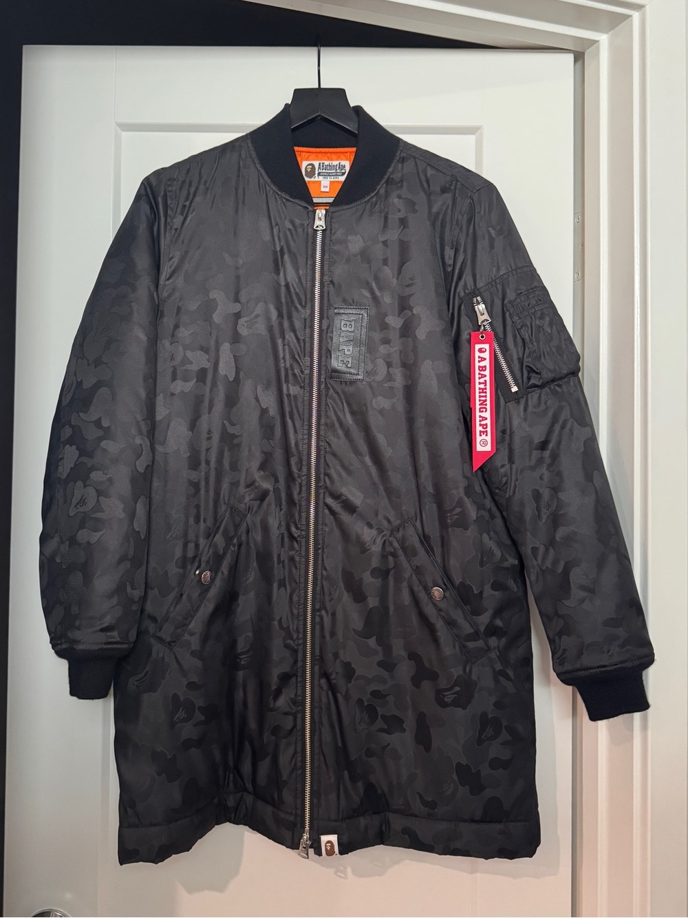A Bathing Ape Long Bomber Jacket - Black Camo Size XA